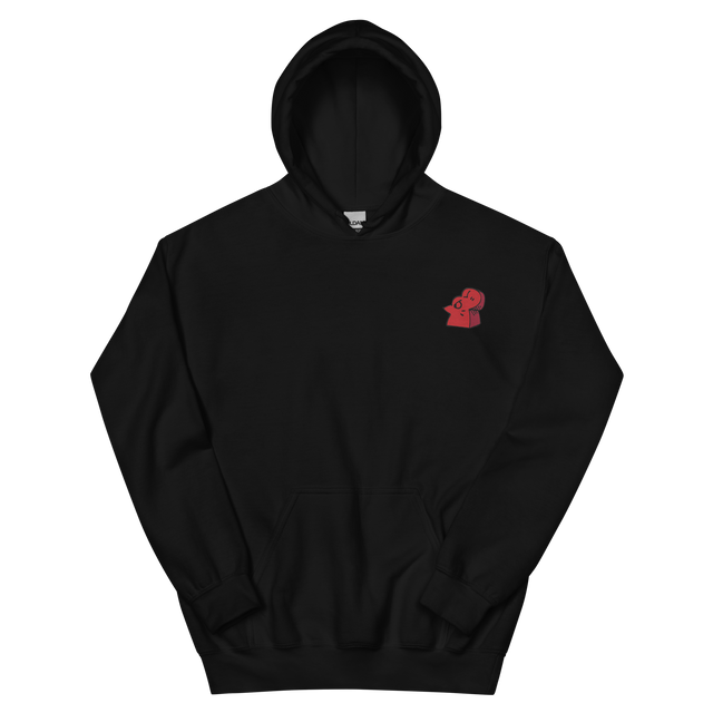 A black hoodie with the Lord of the Hundreds meeple embroidered on the left chest.