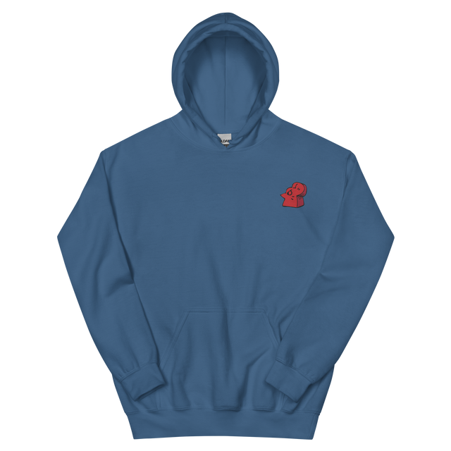 A blue hoodie with the Lord of the Hundreds meeple embroidered on the left chest.