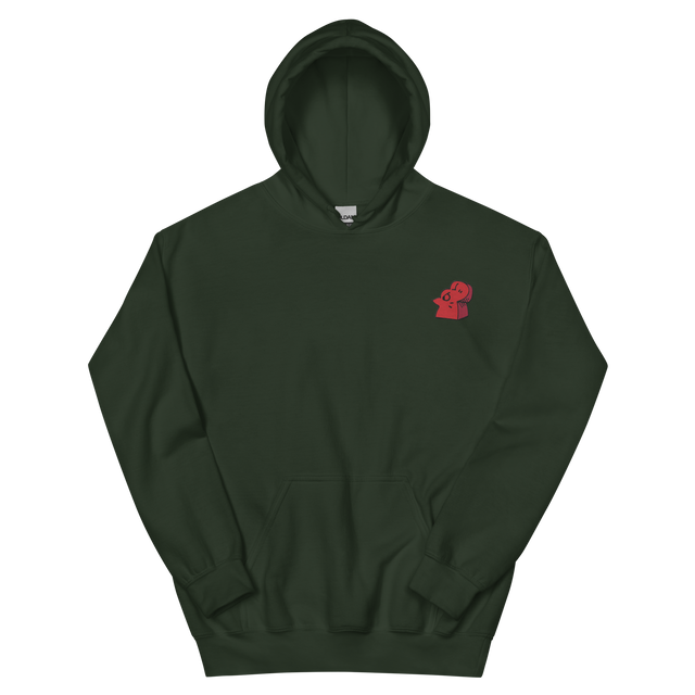 A green hoodie with the Lord of the Hundreds meeple embroidered on the left chest.