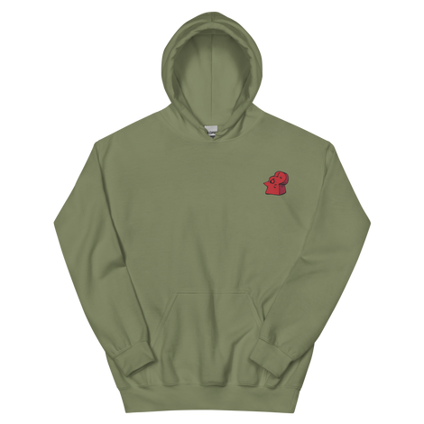 An army green hoodie with the Lord of the Hundreds meeple embroidered on the left chest.