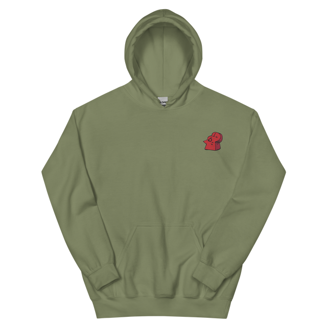 An army green hoodie with the Lord of the Hundreds meeple embroidered on the left chest.