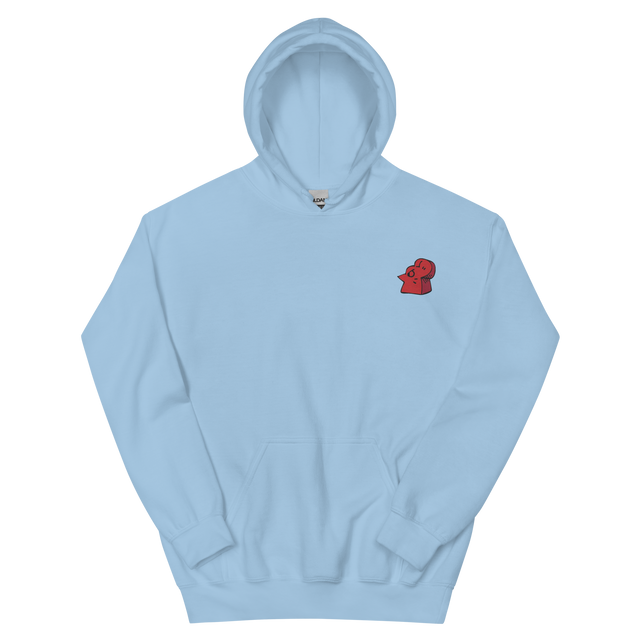 A light blue hoodie with the Lord of the Hundreds meeple embroidered on the left chest.