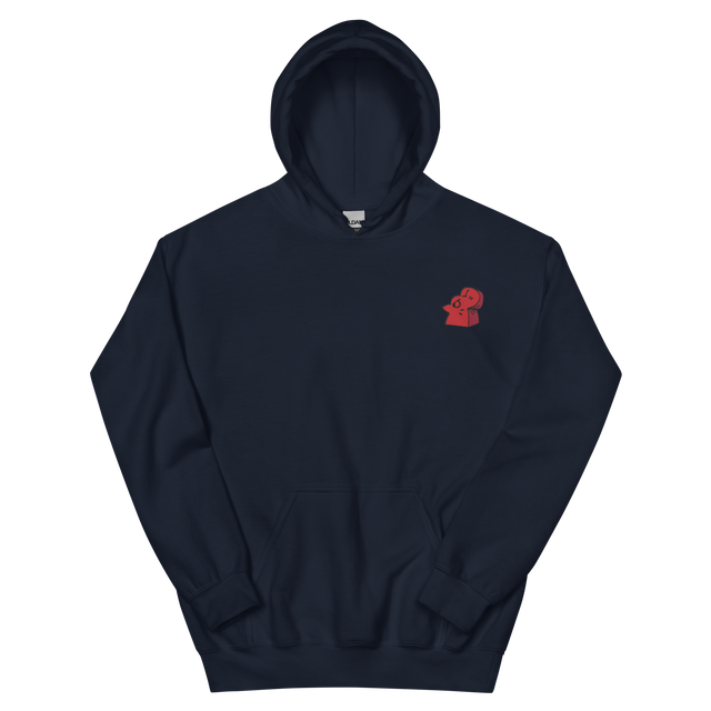 A navy hoodie with the Lord of the Hundreds meeple embroidered on the left chest.