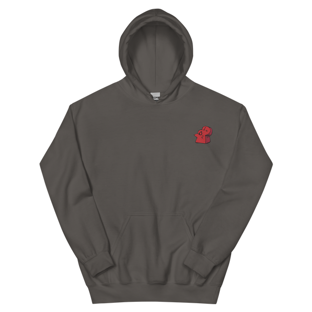 A slate grey hoodie with the Lord of the Hundreds meeple embroidered on the left chest.