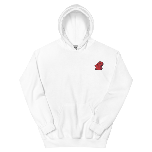 A white hoodie with the Lord of the Hundreds meeple embroidered on the left chest.
