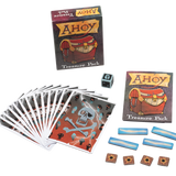 Ahoy Treasure pack box and components: cards, cardboard tokens, and die