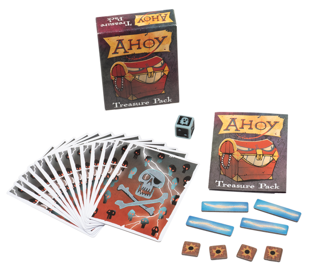 Ahoy Treasure pack box and components: cards, cardboard tokens, and die