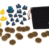 Detail photo of bag, coins, and screen-printed meeples