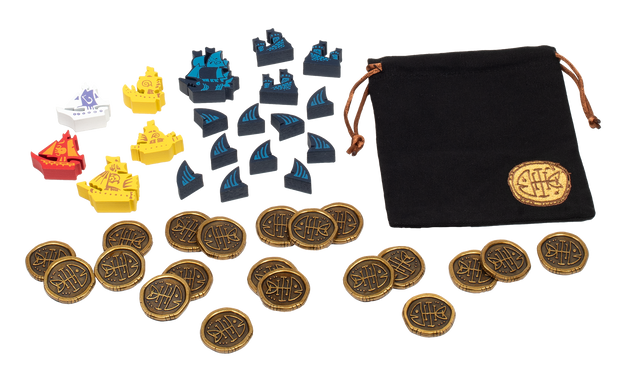 Detail photo of bag, coins, and screen-printed meeples