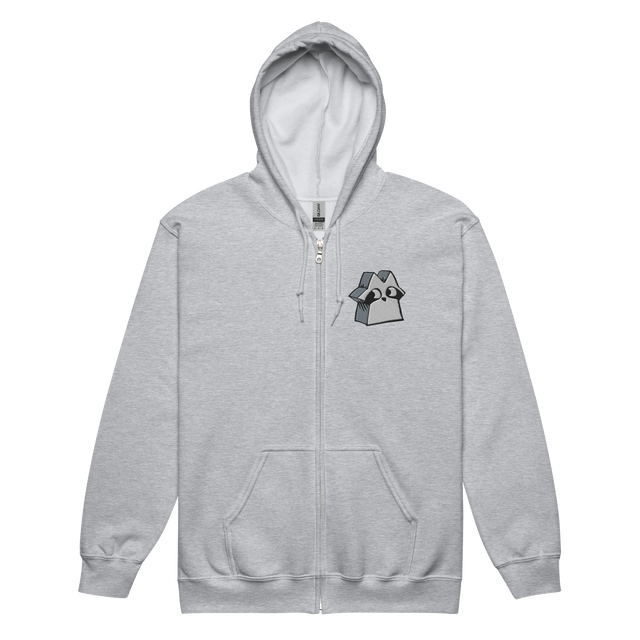 Light grey zip hoodie with Raccoon Vagabond meeple embroidered on left chest