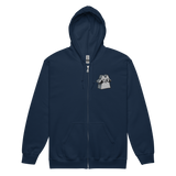 Navy zip hoodie with Raccoon Vagabond meeple embroidered on left chest
