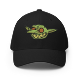 Grinning embroidered goblin from Vast on a black baseball cap