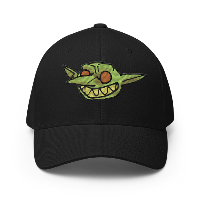 Grinning embroidered goblin from Vast on a black baseball cap