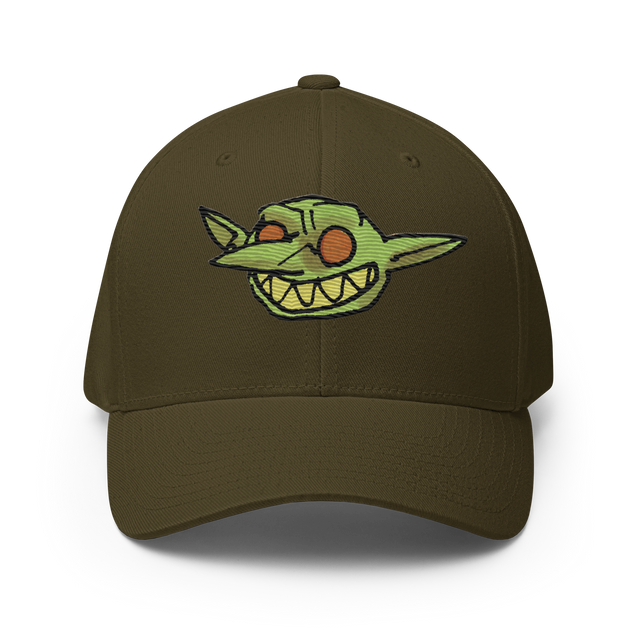 Grinning embroidered goblin from Vast on Olive baseball cap
