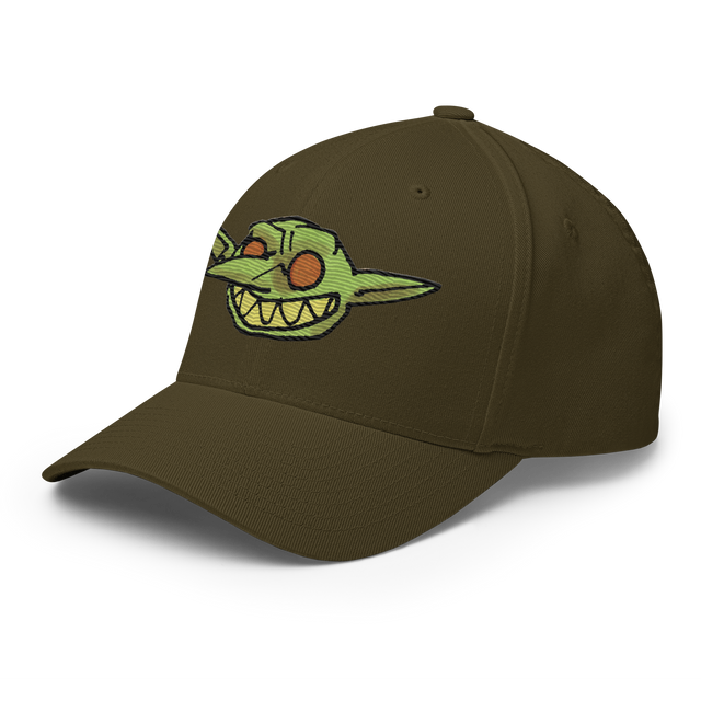 Grinning embroidered goblin from Vast on Olive baseball cap, three-quarter profile