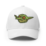 Grinning embroidered goblin from Vast on a white baseball cap