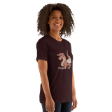 Model wearing oxblood red t-shirt with the red dragon from Vast TCC