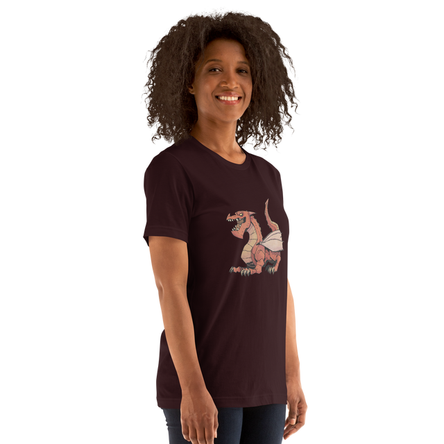 Model wearing oxblood red t-shirt with the red dragon from Vast TCC