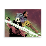 Art from the card Distain showing the Paladin slicing a Skeleton with his sword
