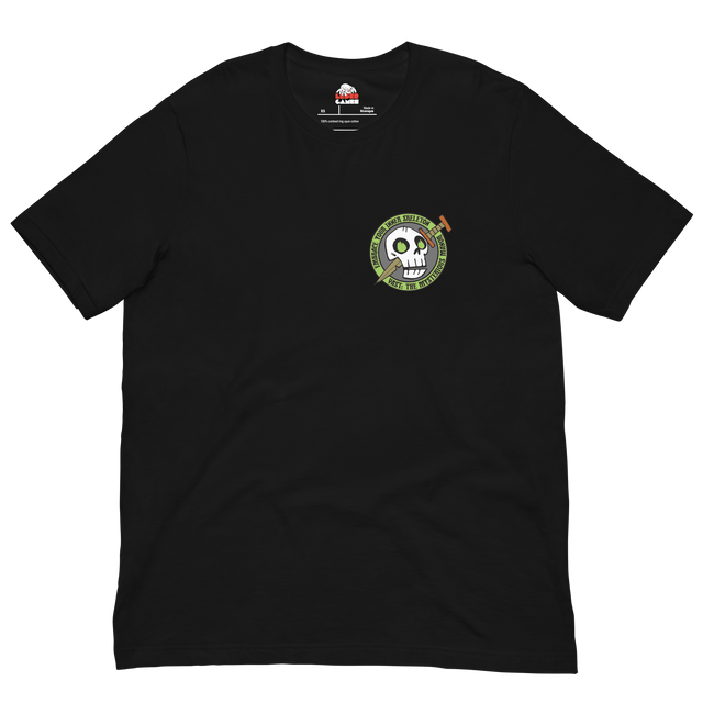 Black t-shirt with skeleton icon from Vast the Mysterious Manor on the left chest