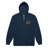 A navy zip hoodie with the characters from Vast The Mysterious Manor embroidered on the left chest.