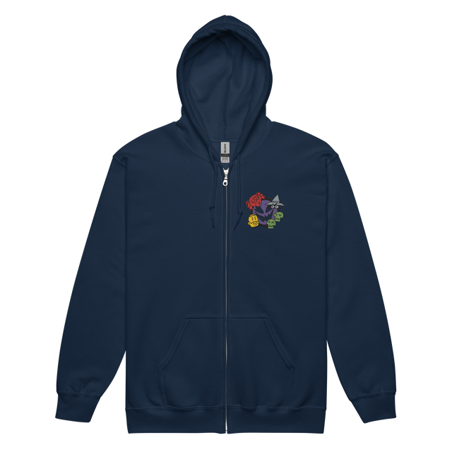 A navy zip hoodie with the characters from Vast The Mysterious Manor embroidered on the left chest.