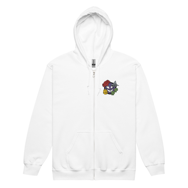 A white zip hoodie with the characters from Vast The Mysterious Manor embroidered on the left chest.