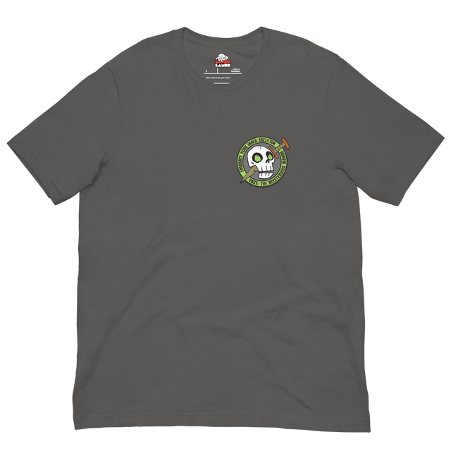 Dark Grey t-shirt with skeleton icon from Vast the Mysterious Manor on the left chest