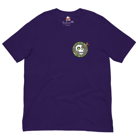 Purple t-shirt with skeleton icon from Vast the Mysterious Manor on the left chest