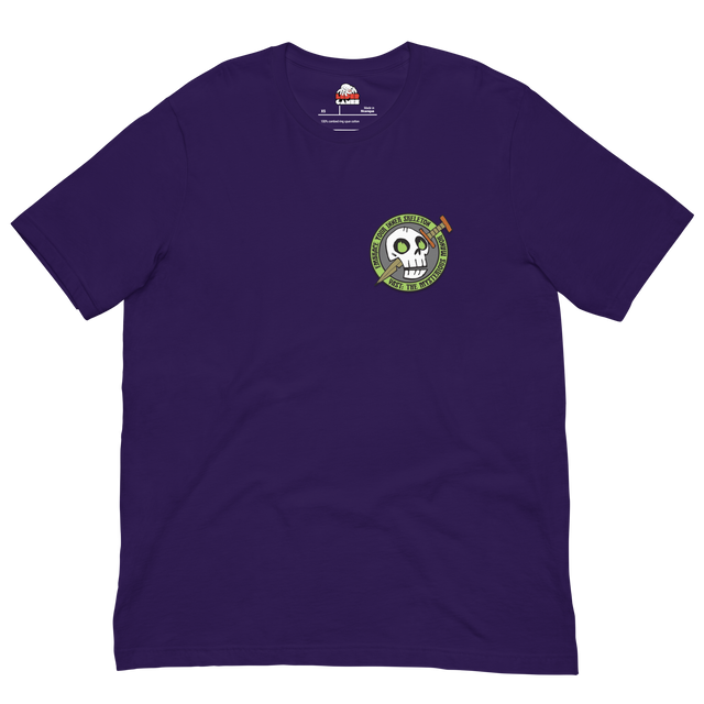 Purple t-shirt with skeleton icon from Vast the Mysterious Manor on the left chest