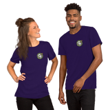 Two people wearing Purple t-shirts with skeleton icon from Vast the Mysterious Manor on the left chest