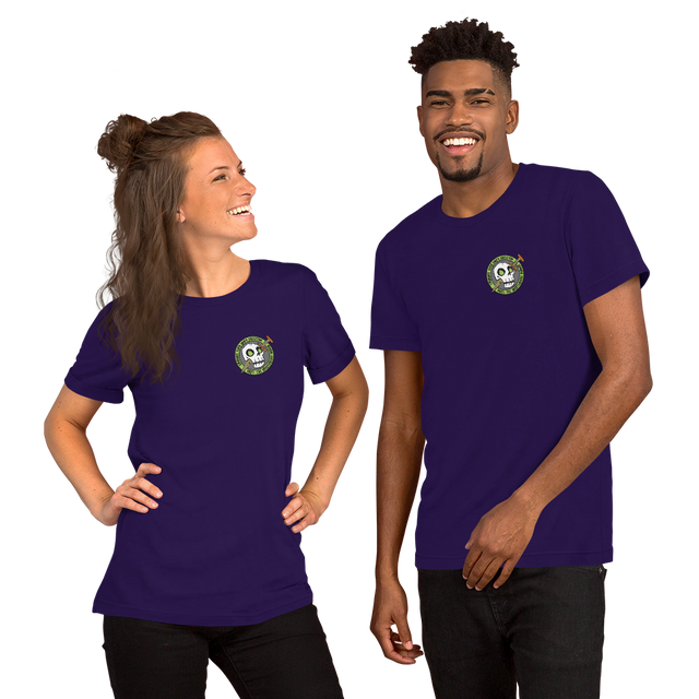 Two people wearing Purple t-shirts with skeleton icon from Vast the Mysterious Manor on the left chest
