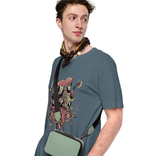 Model wearing slate t-shirt with the skeleton crew from Vast TMM