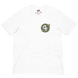 White t-shirt with skeleton icon from Vast the Mysterious Manor on the left chest
