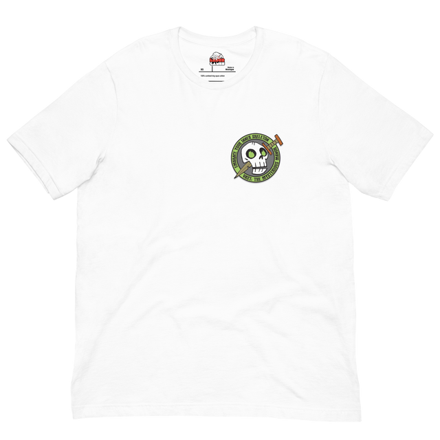 White t-shirt with skeleton icon from Vast the Mysterious Manor on the left chest