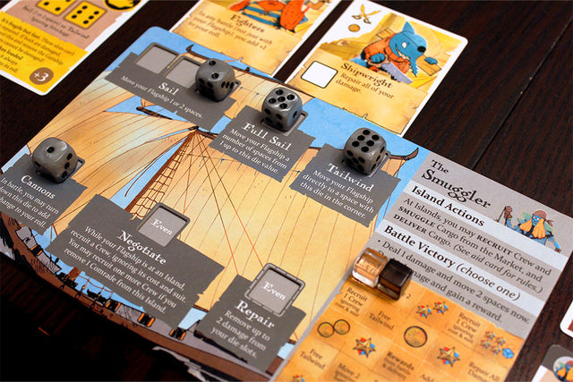 The silver smuggler's player board and dice