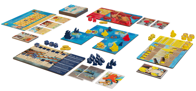 Ahoy components laid out for a 4-player game