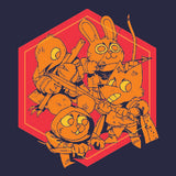 Close up of our Woodland Alliance group print on dark blue tee