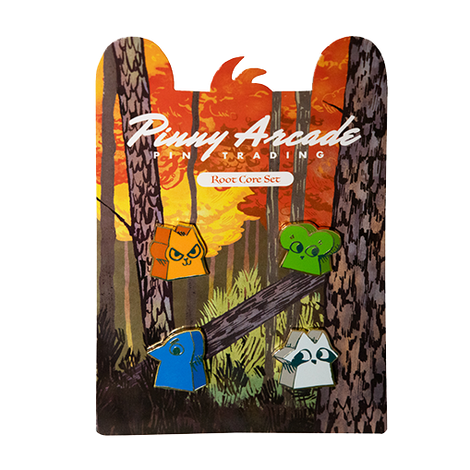 Enamel pin set of four meeple pins featuring the Marquis de Cat, Eyrie, Woodland Alliance, and the raccoon Vagabond