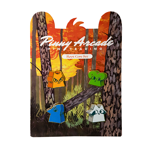 Enamel pin set of four meeple pins featuring the Marquis de Cat, Eyrie, Woodland Alliance, and the raccoon Vagabond