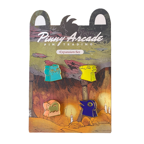 Meeple pin set of 4 enamel pins featuring the lizard Cult, Corvid Conspiracy, Underground Duchy, and Riverfolk Company