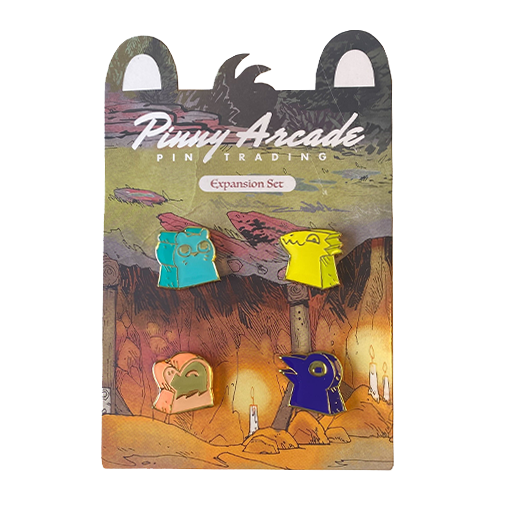 Meeple pin set of 4 enamel pins featuring the lizard Cult, Corvid Conspiracy, Underground Duchy, and Riverfolk Company