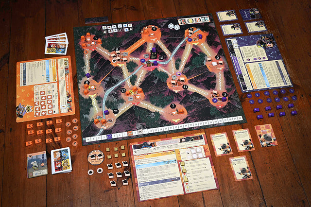Solo Root game setup with clockwork Duchy and Corvids